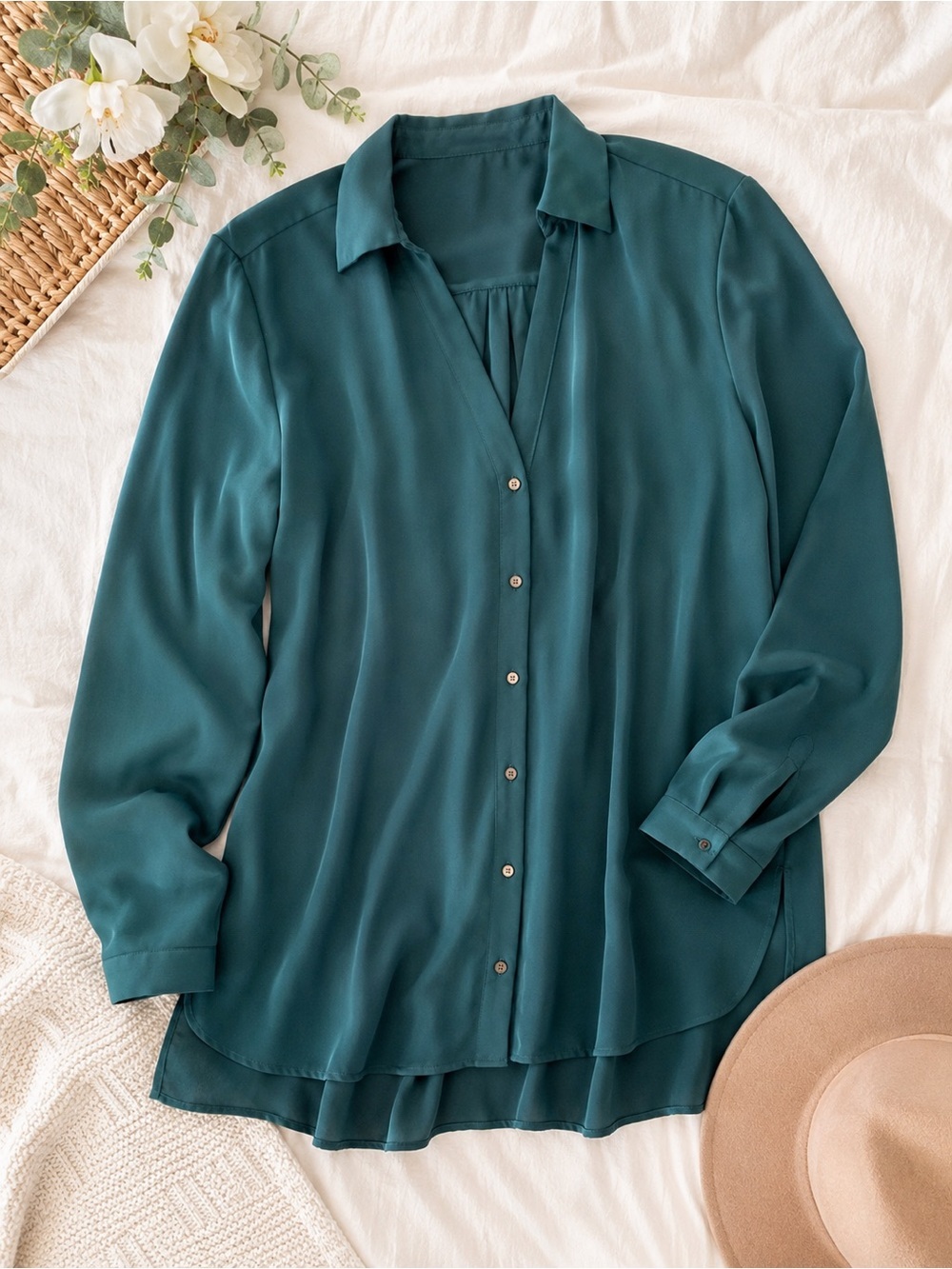 LOFT Outlet Teal Pleated Back Button Front Blouse
